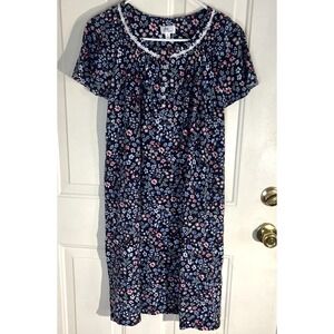 Aria Collection Floral 100% Cotton Knit Nightgown Blue Short Sleeve Women's M
